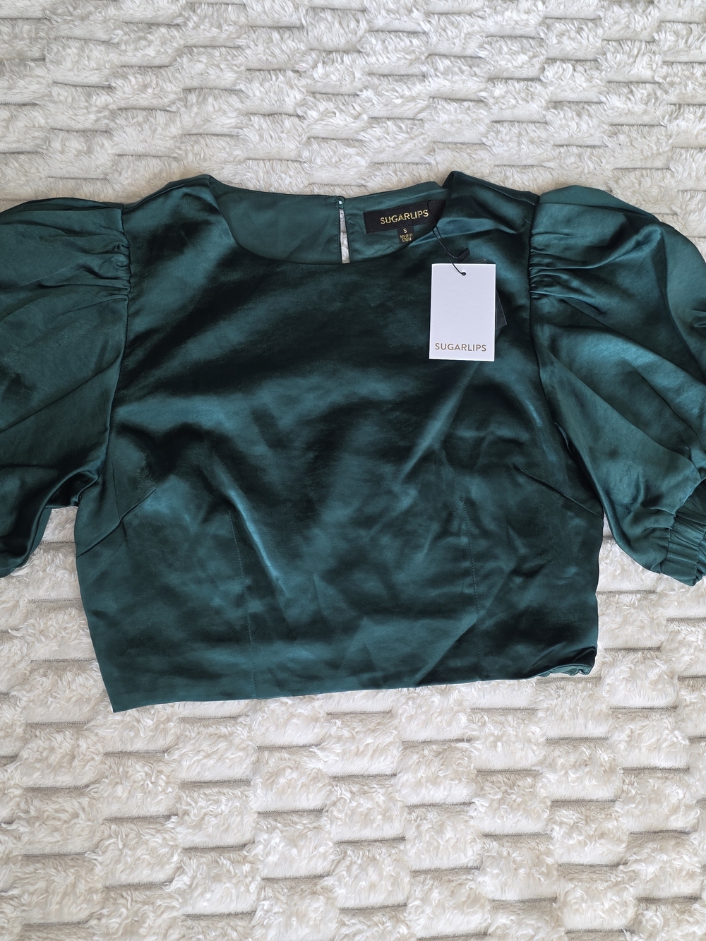 Sugarlips Deep Green Satin Puff Sleeve Crop Top